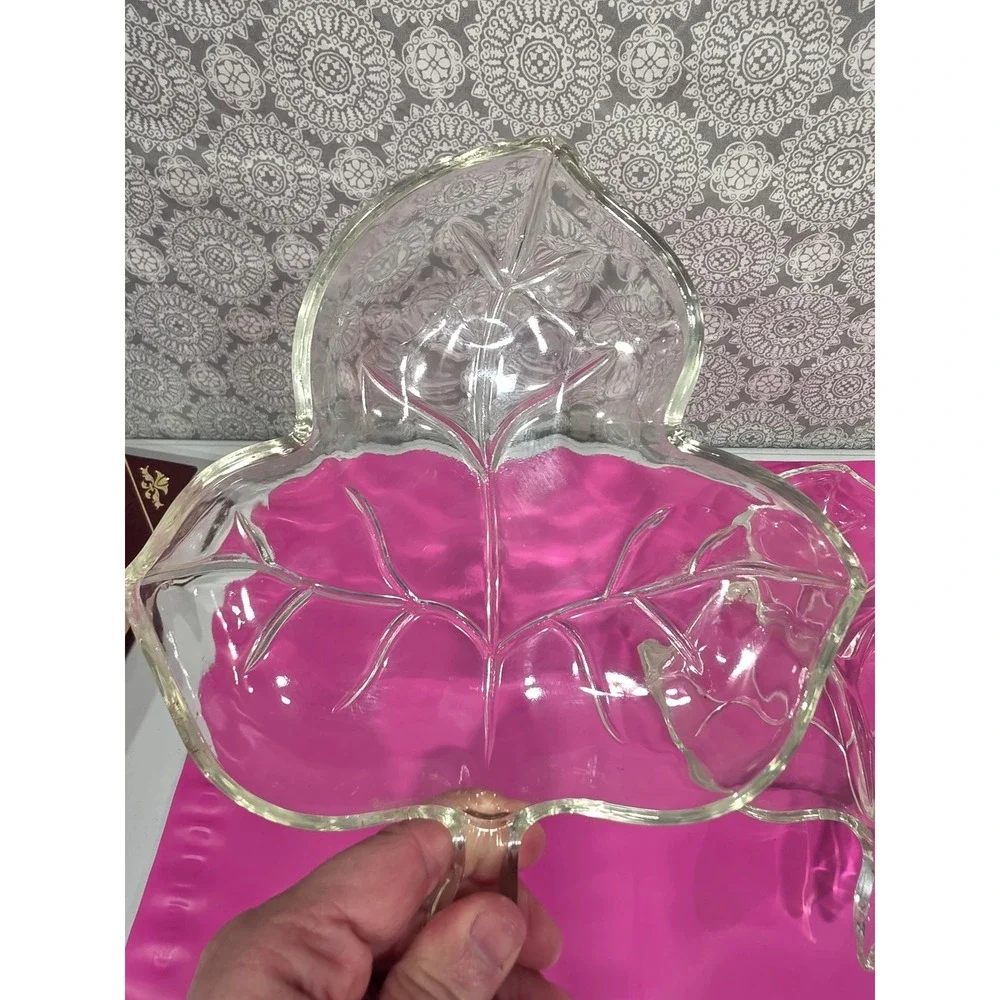 Clear Glass Maple Leaf Shaped Candy‎ Nut Dish 1-Divided Serving Tray Set Holiday